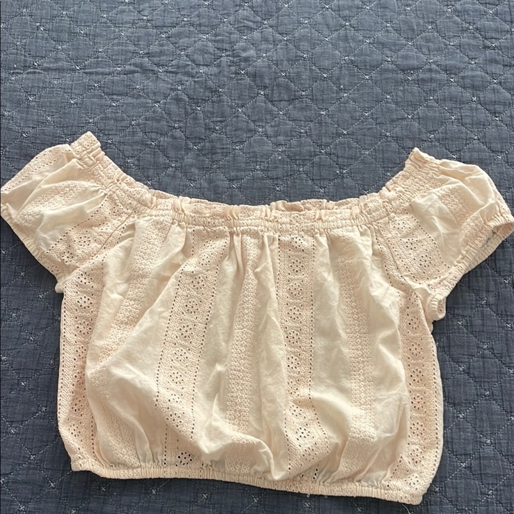 Cream Off-Shoulder Eyelet crop Top